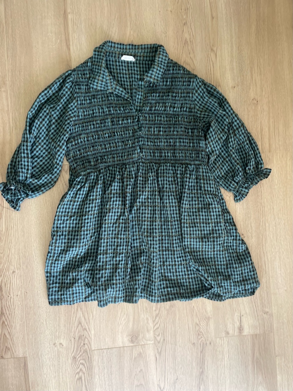 Day + Moon Smocked Mini Dress in Green and Black Plaid (L)